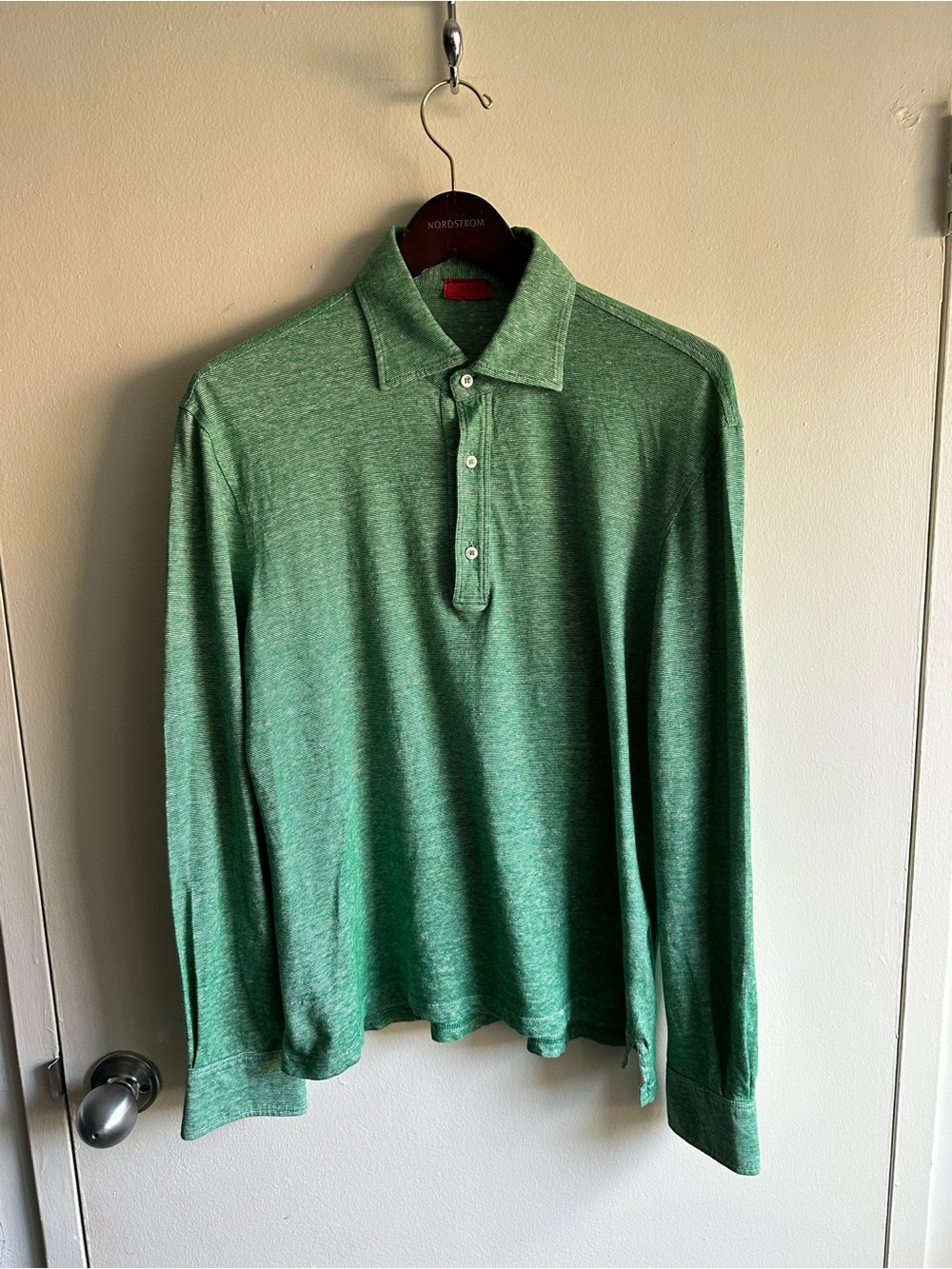 ISAIA Green Long-Sleeve Cotton Linen Polo US M